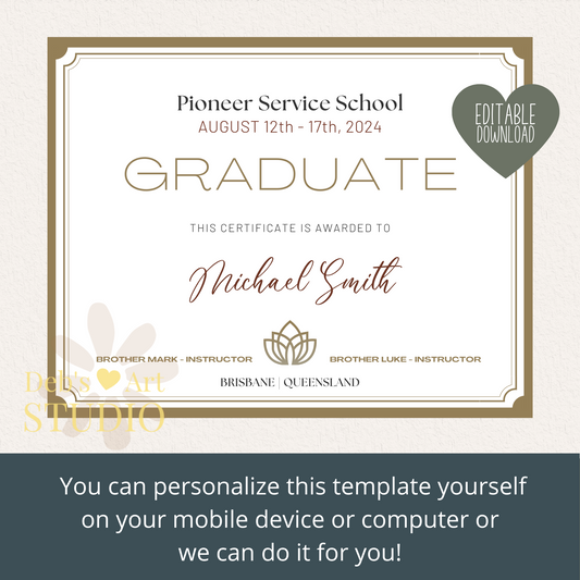 Custom Pioneer School Certificate | Gold Border | JW Pioneer Gifts