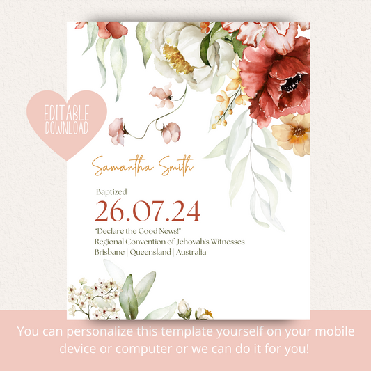 JW Baptism Gift | Baptism Keepsake | Cascading Floral | Customizable Print