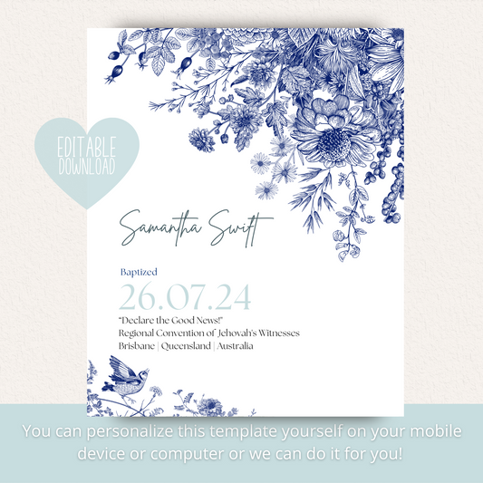 JW Baptism Gift | Baptism Keepsake, Blue & White Floral | Customisable