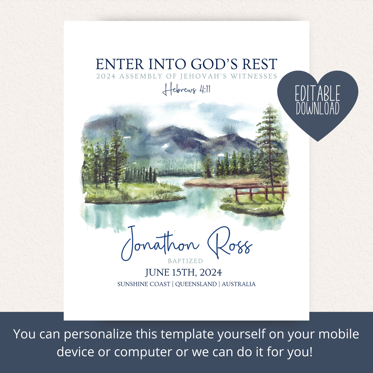 JW Baptism Gift | Baptism Keepsake | Mountain and Lake | Customisable