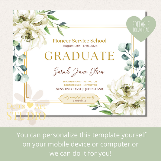 Custom Pioneer School Certificate | White Bouquet | JW Pioneer Gifts