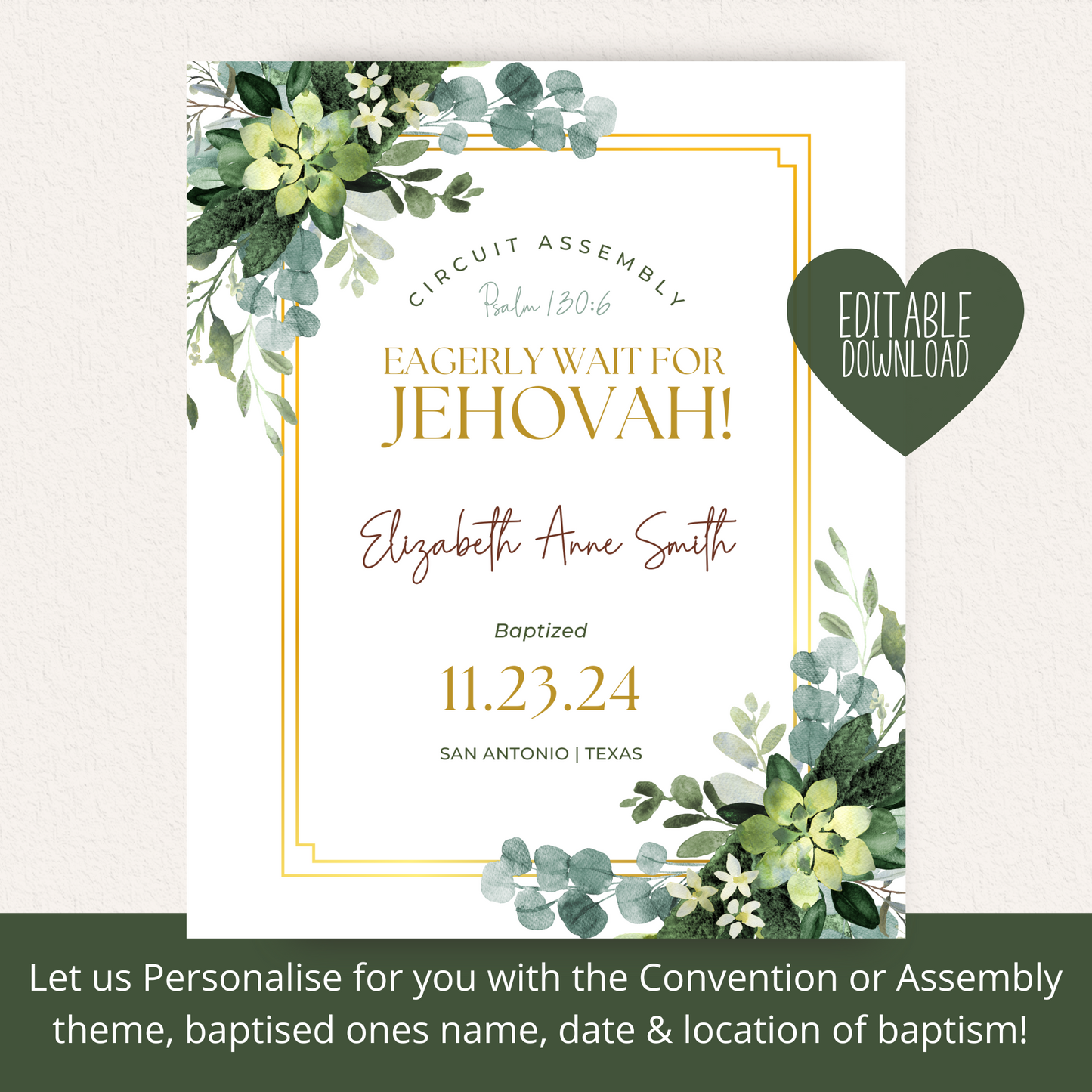 JW Baptism Gift | Baptism Keepsake | Green Leaves | Customizable Print