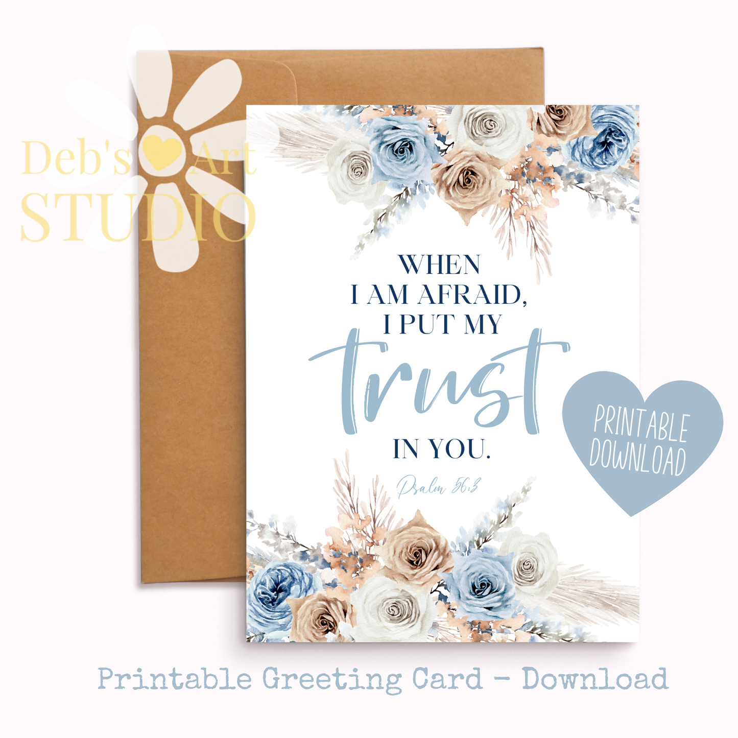 JW Greeting Card | Psalm 56:3 | 2024 Year Text | Blue Boho Flowers