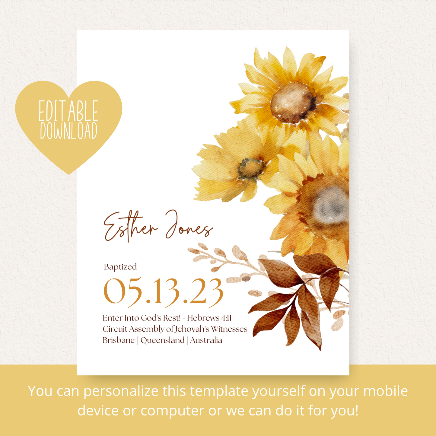 JW Baptism Gift | Baptism Keepsake | Sunflower Print | Customizable