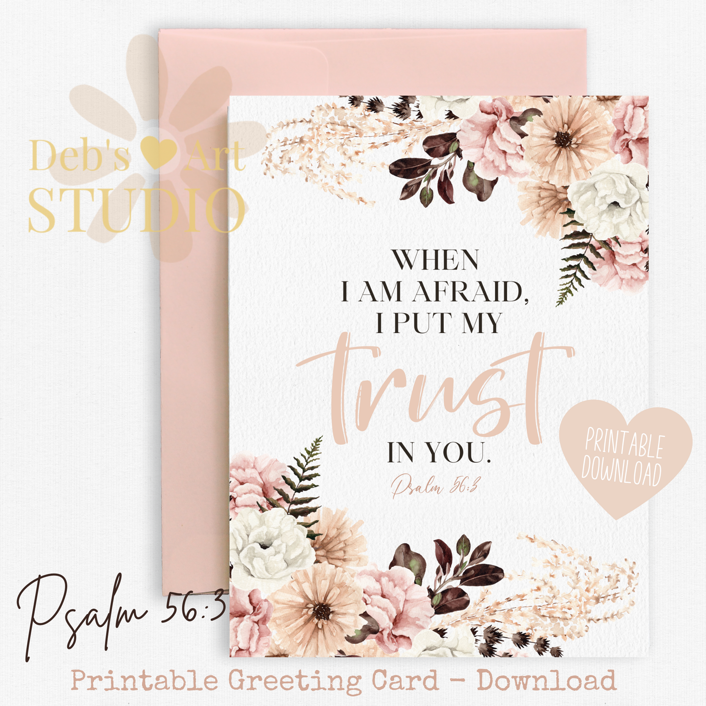 JW Greeting Card | Psalm 56:3 | 2024 Year Text | Pink Boho Flowers