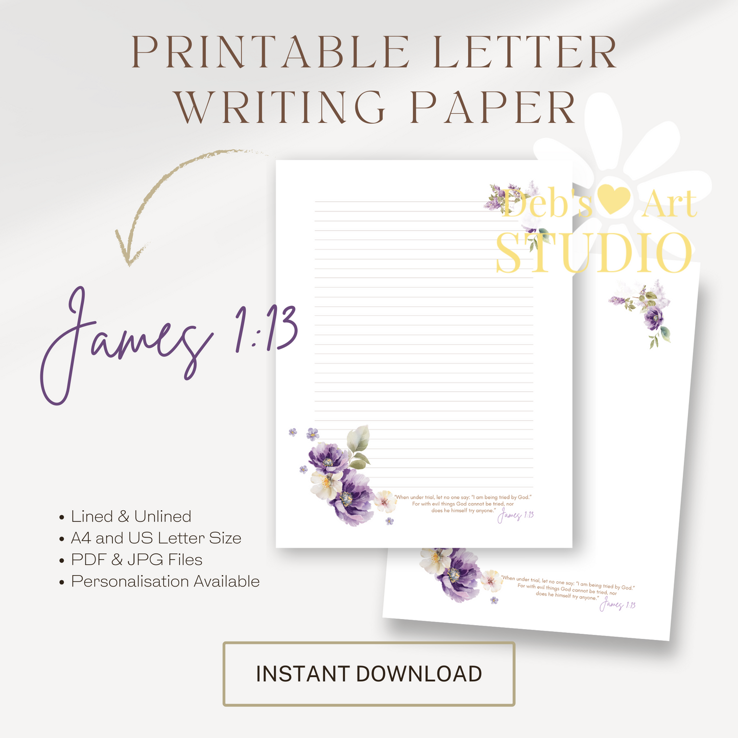 James 1:13, JW Letter Writing Paper | Lilac Blooms & Furry Friends