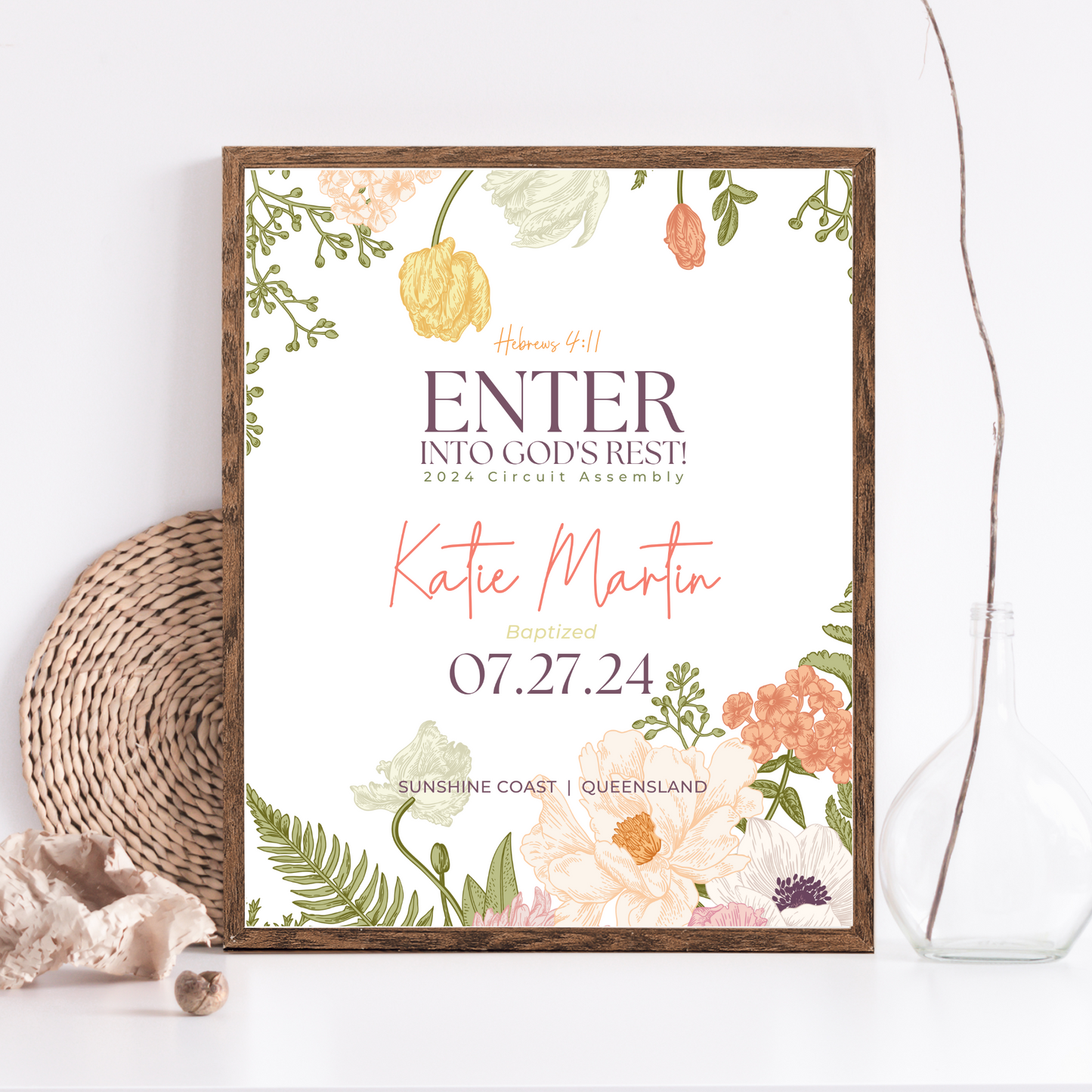 JW Baptism Gift | Baptism Keepsake | Spring Flowers | Personalised Print