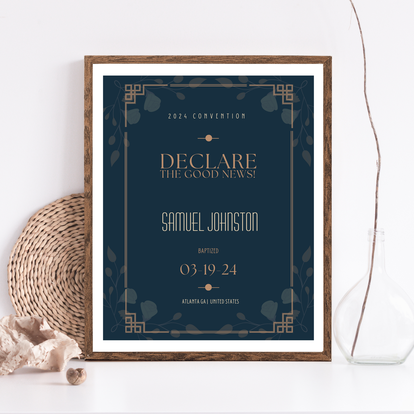 JW Baptism Gift | Baptism Keepsake, Navy - Art Deco Frame | Customised