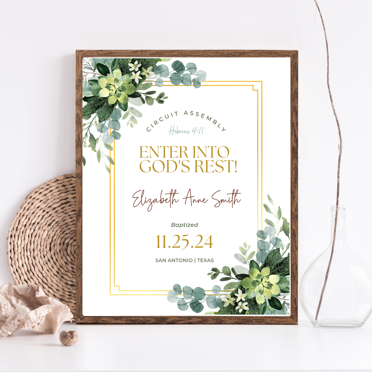 JW Baptism Gift | Baptism Keepsake | Green Leaves | Customizable Print