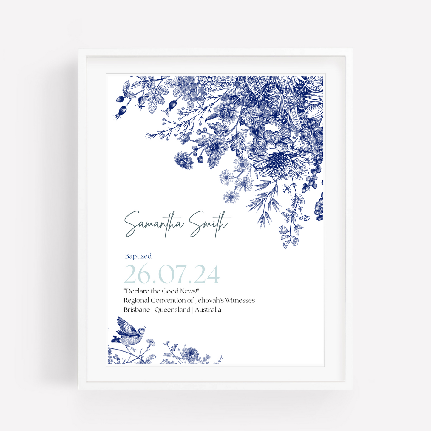 JW Baptism Gift | Baptism Keepsake, Blue & White Floral | Customisable