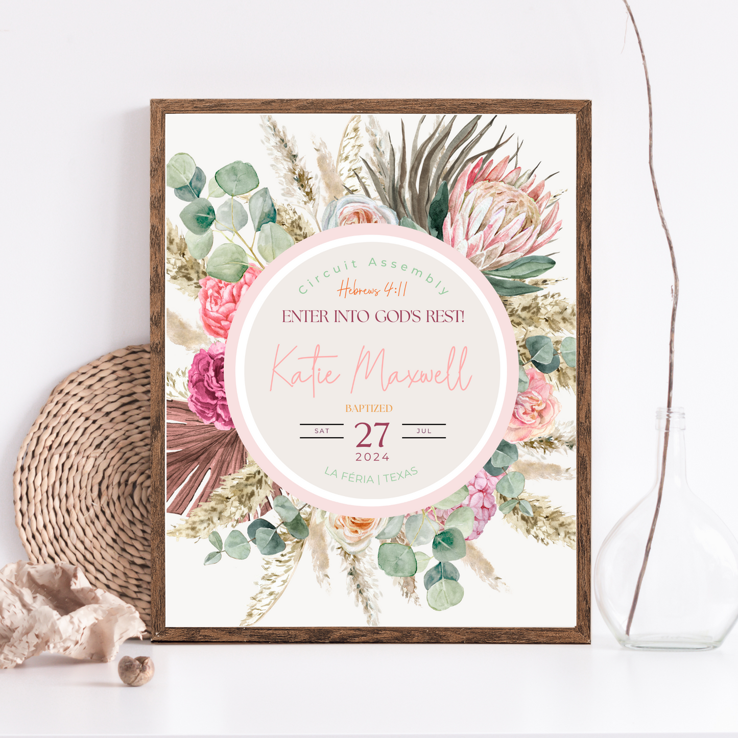 JW Baptism Gift | Baptism Keepsake, Pink Aust Native Flora | Customise