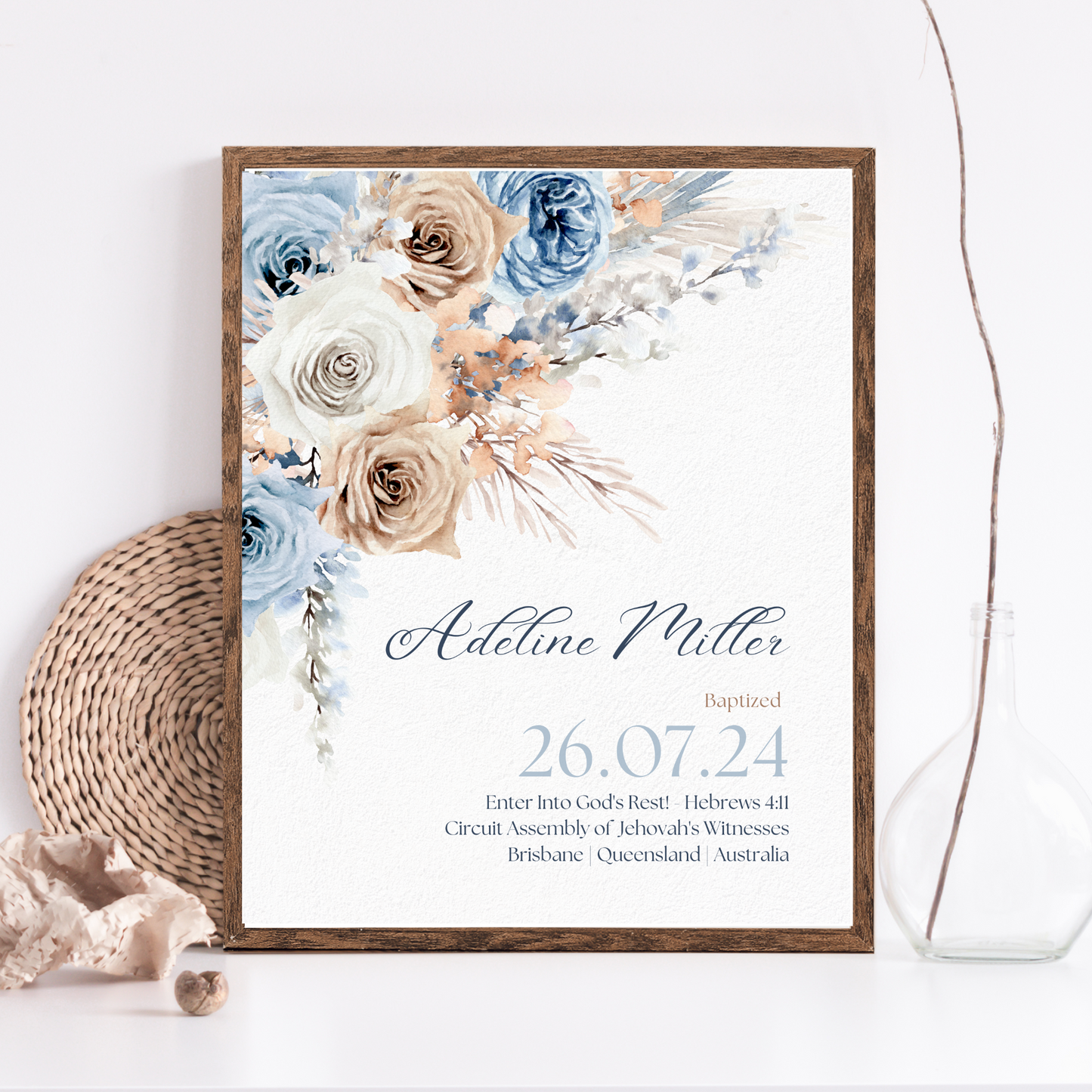 JW Baptism Gift | Baptism Keepsake |Blue Boho | Customizable Print