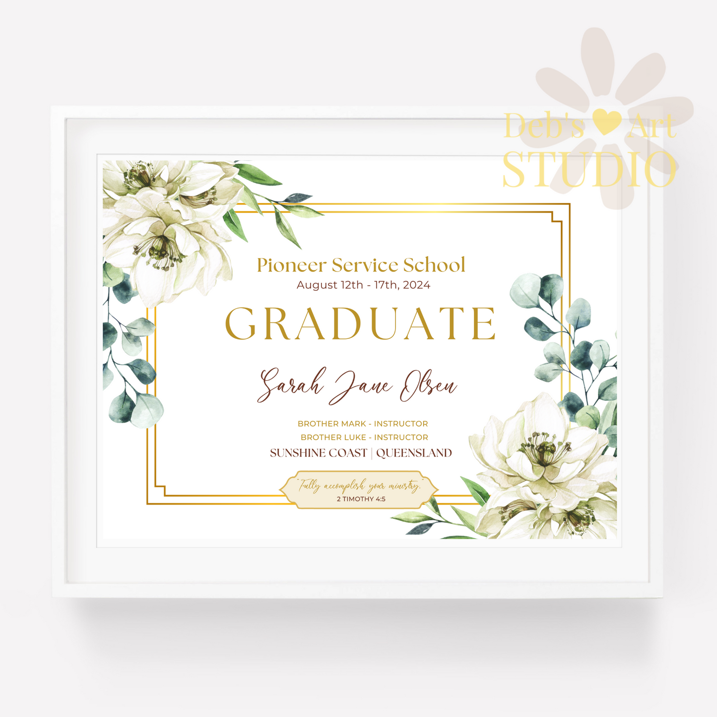 Custom Pioneer School Certificate | White Bouquet | JW Pioneer Gifts