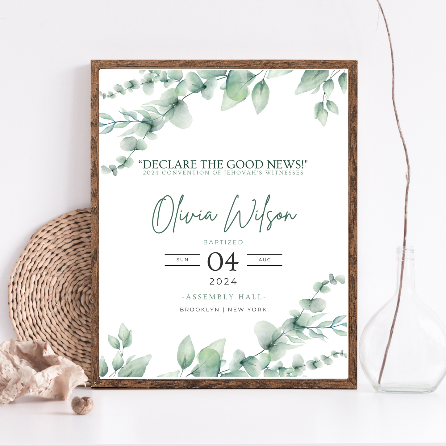 JW Baptism Gift | Baptism Keepsake | Eucalyptus Leaves | Customizable Print