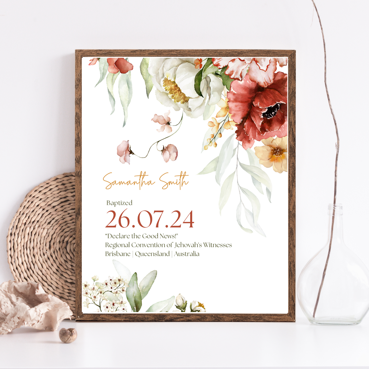 JW Baptism Gift | Baptism Keepsake | Cascading Floral | Customizable Print