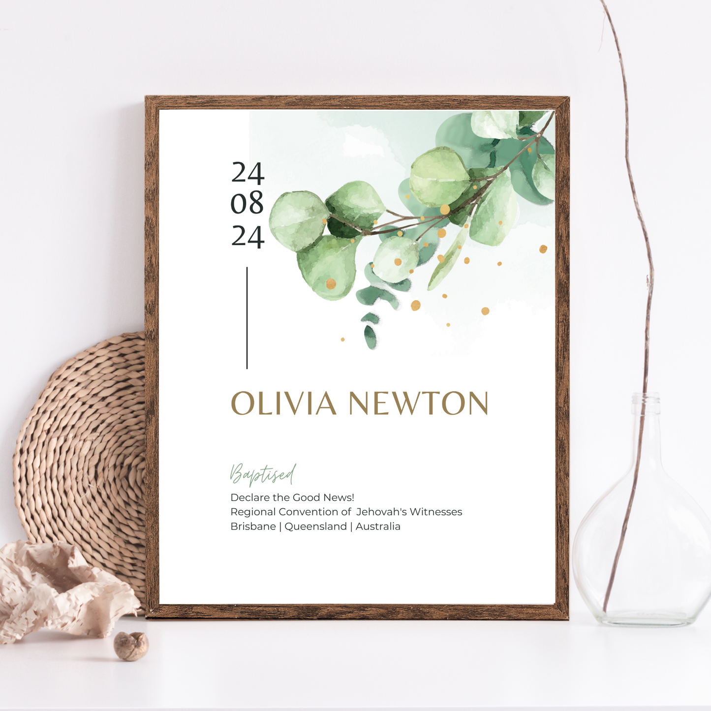 JW Baptism Gift | Baptism Keepsake, Eucalyptus & Gold Dots | Customise