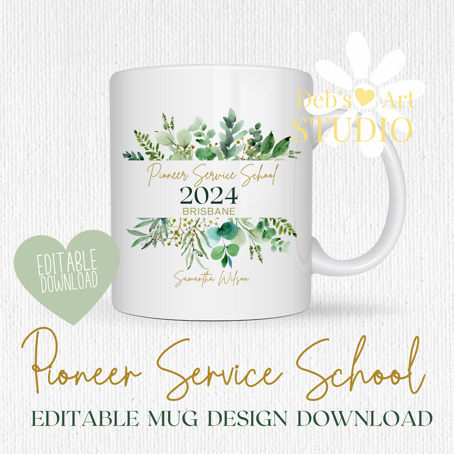 Pioneer School Mug Design - Editable | JW Pioneer Gifts | Green Leaves