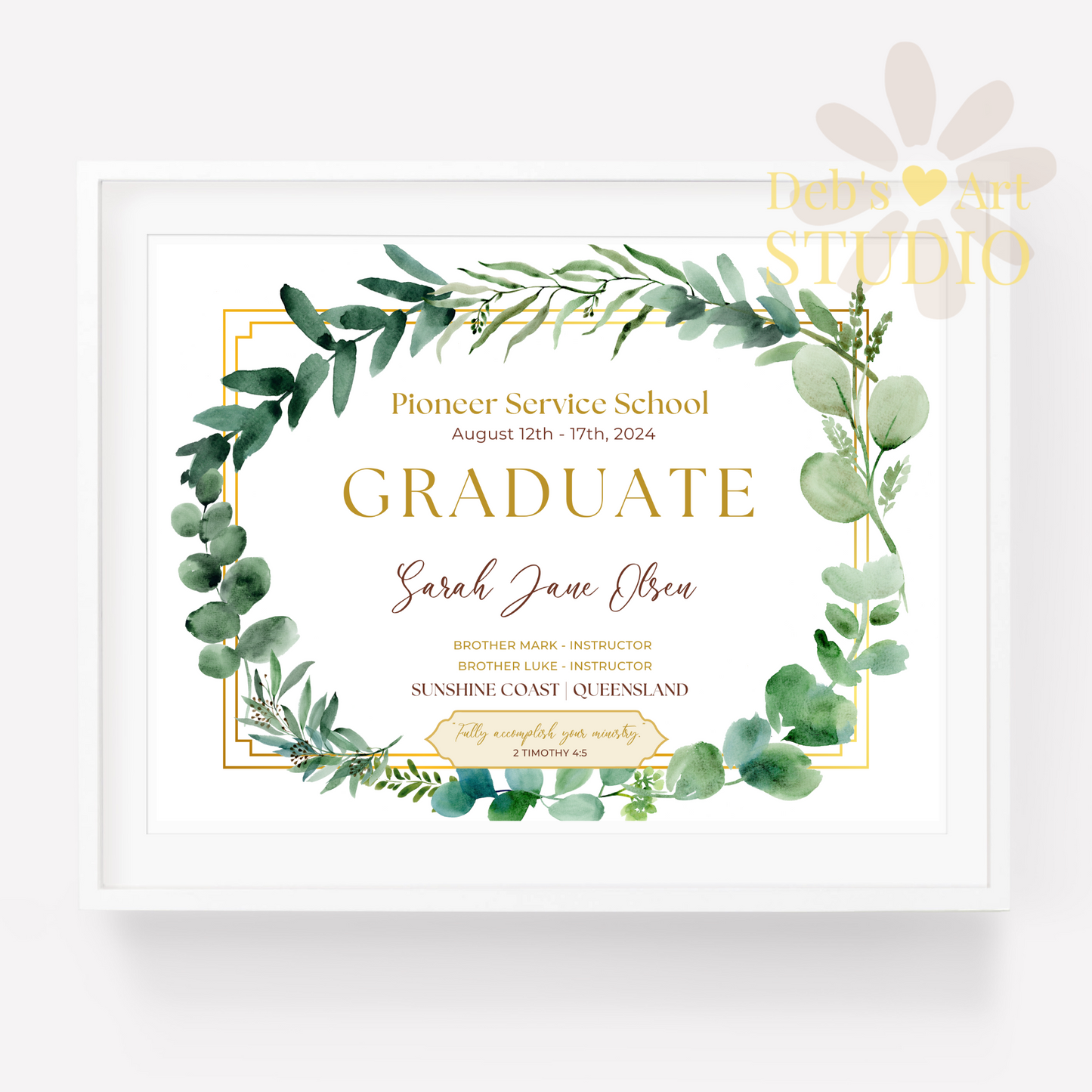 Custom Pioneer School Certificate | Green Leaves | JW Pioneer Gifts