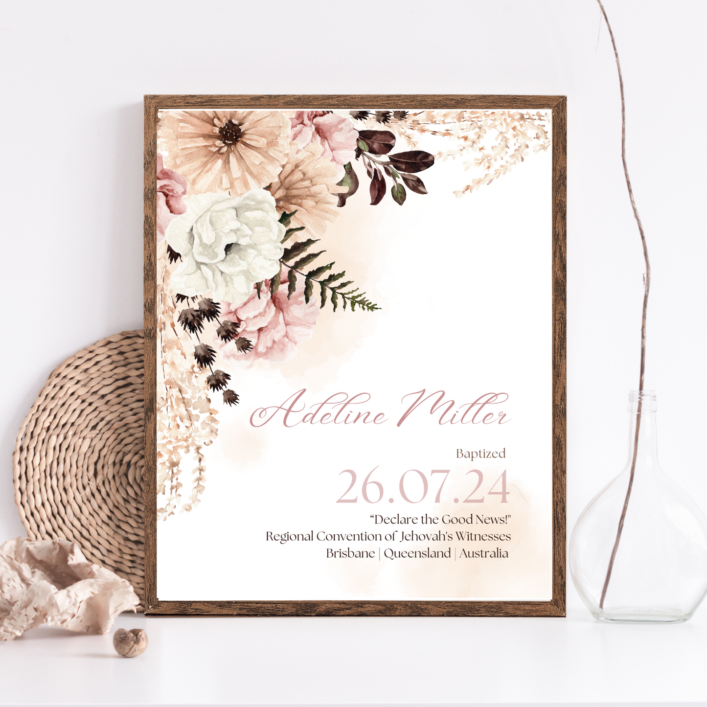 JW Baptism Gift | Baptism Keepsake | Pink Boho | Customizable Print