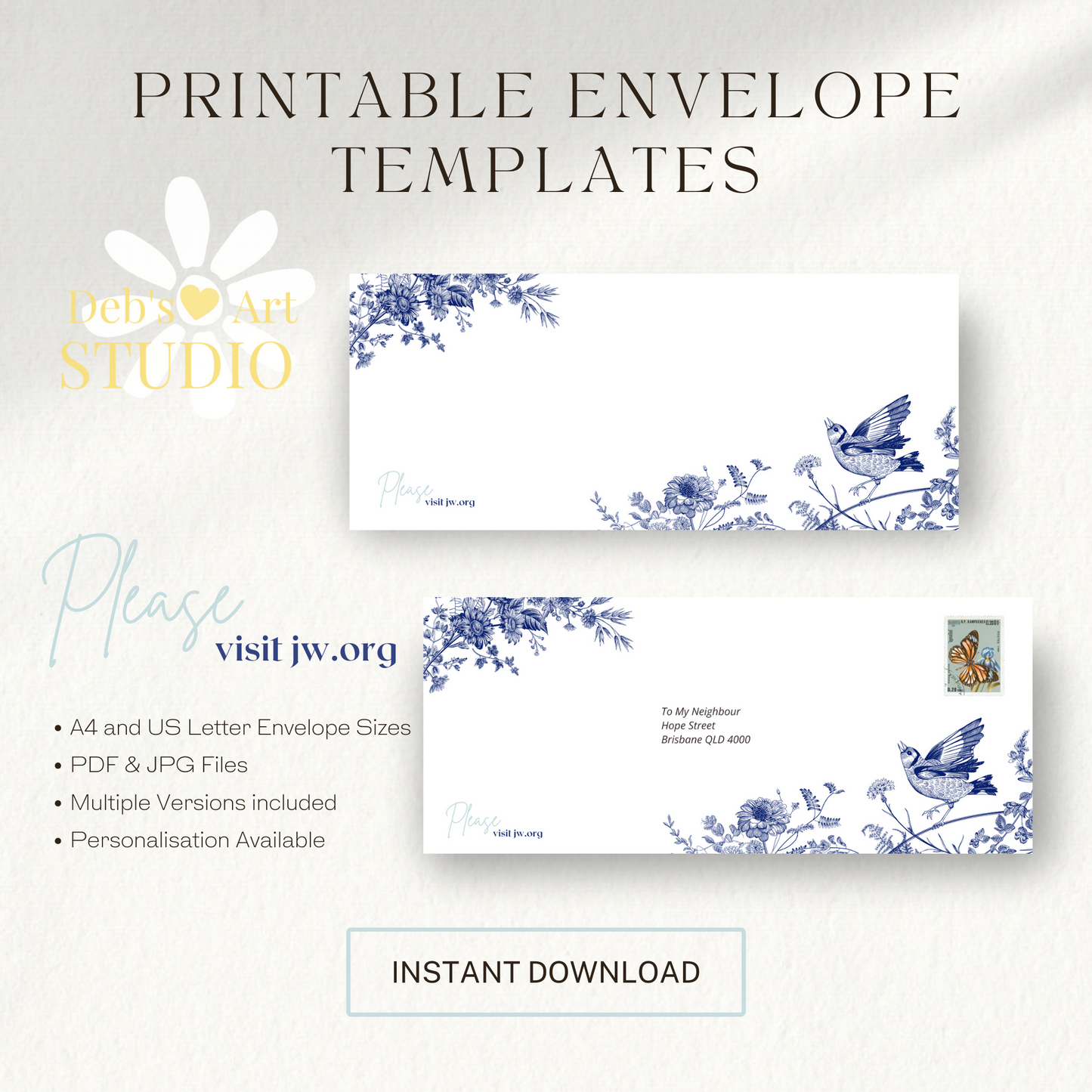 Visit jw.org, JW Envelopes | JW Letter Writing | Blue & White Flowers