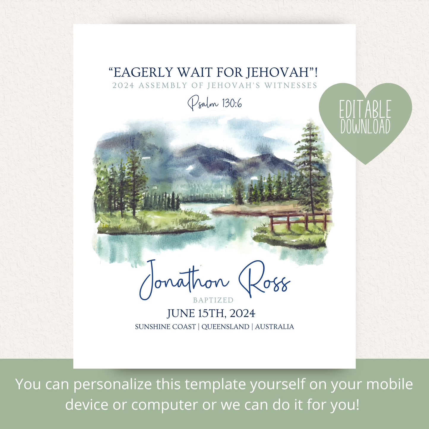 JW Baptism Gift | Baptism Keepsake | Mountain and Lake | Customisable