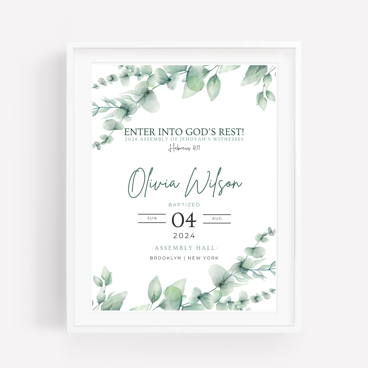 JW Baptism Gift | Baptism Keepsake | Eucalyptus Leaves | Customizable Print