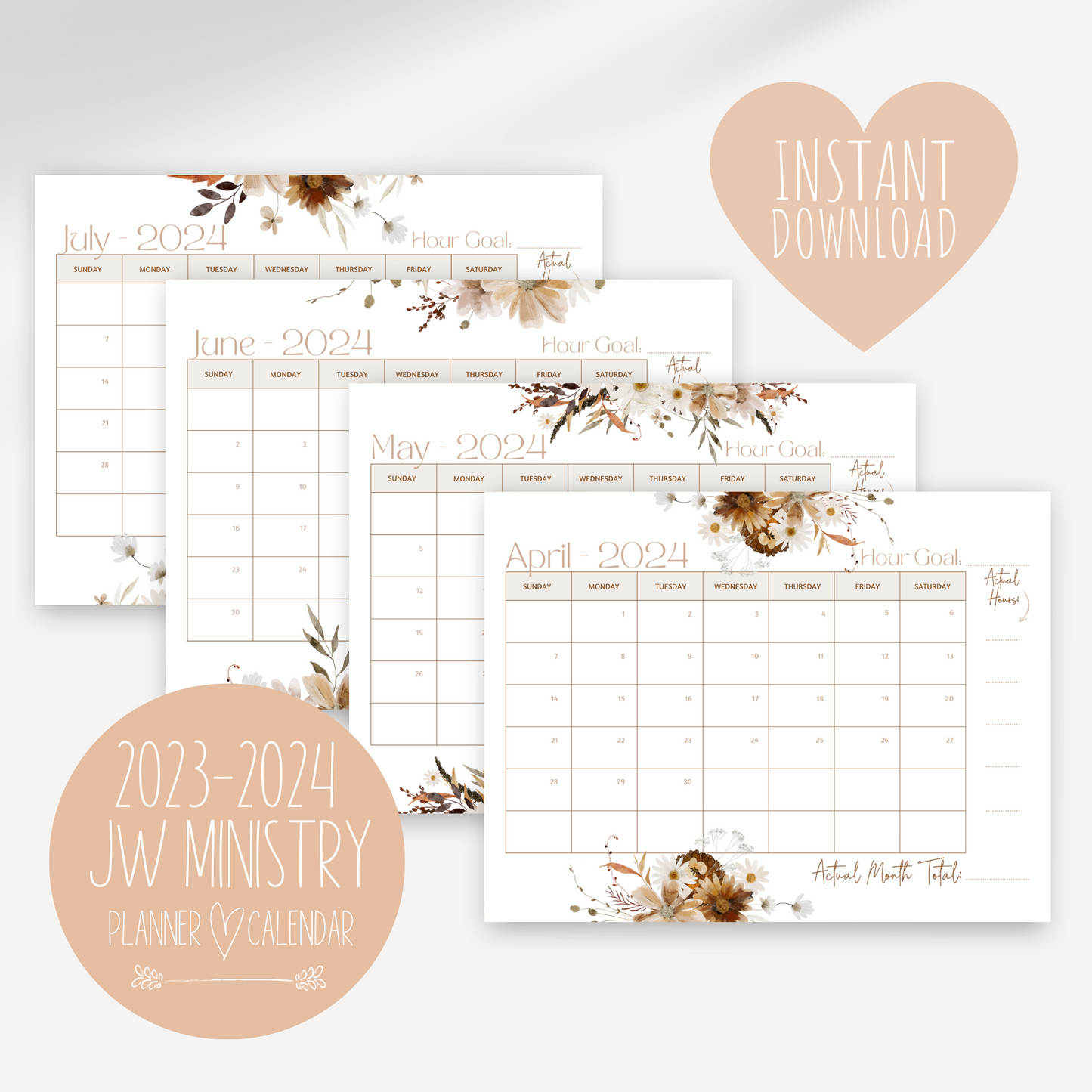 JW Calendar 2024 Service Year  | Printable Planner | JW Printable | Fall Flowers