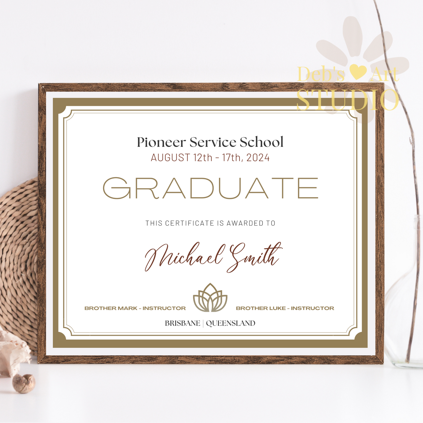 Custom Pioneer School Certificate | Gold Border | JW Pioneer Gifts