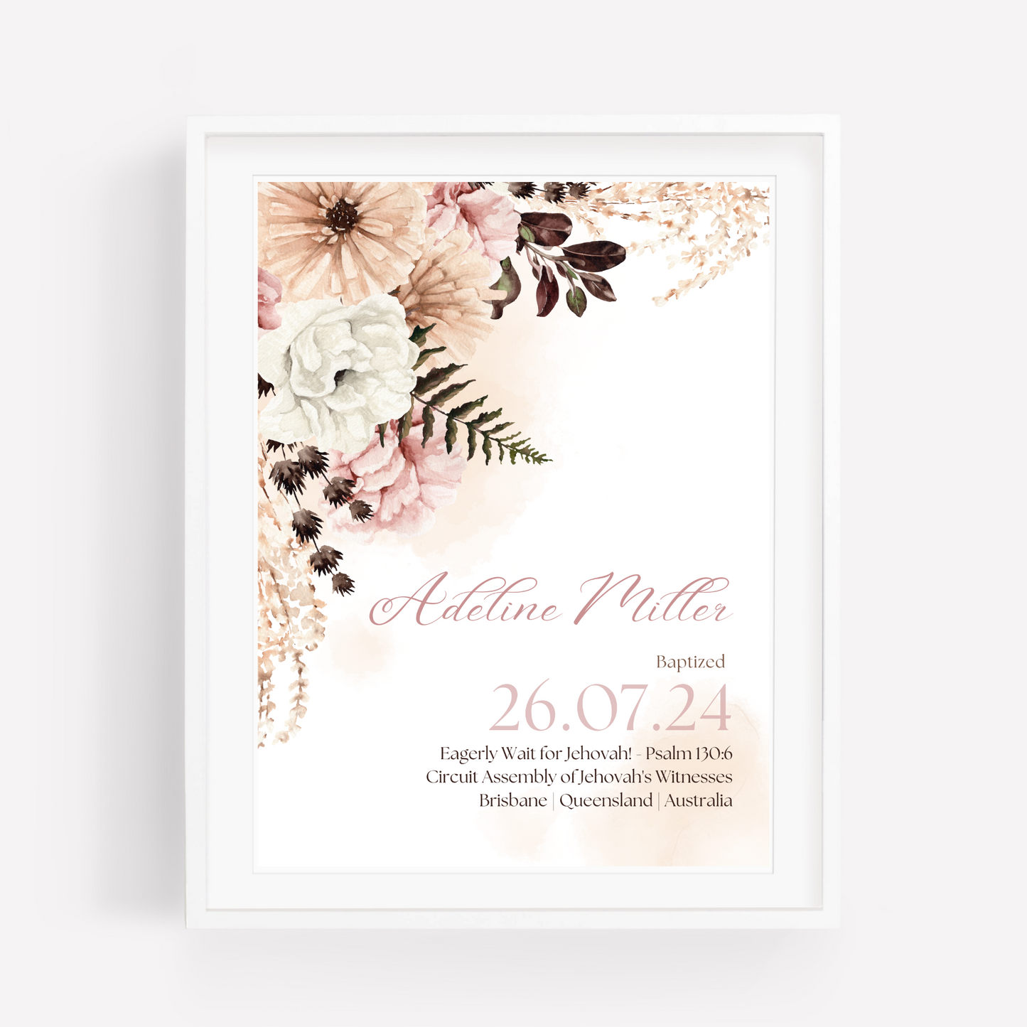 JW Baptism Gift | Baptism Keepsake | Pink Boho | Customizable Print