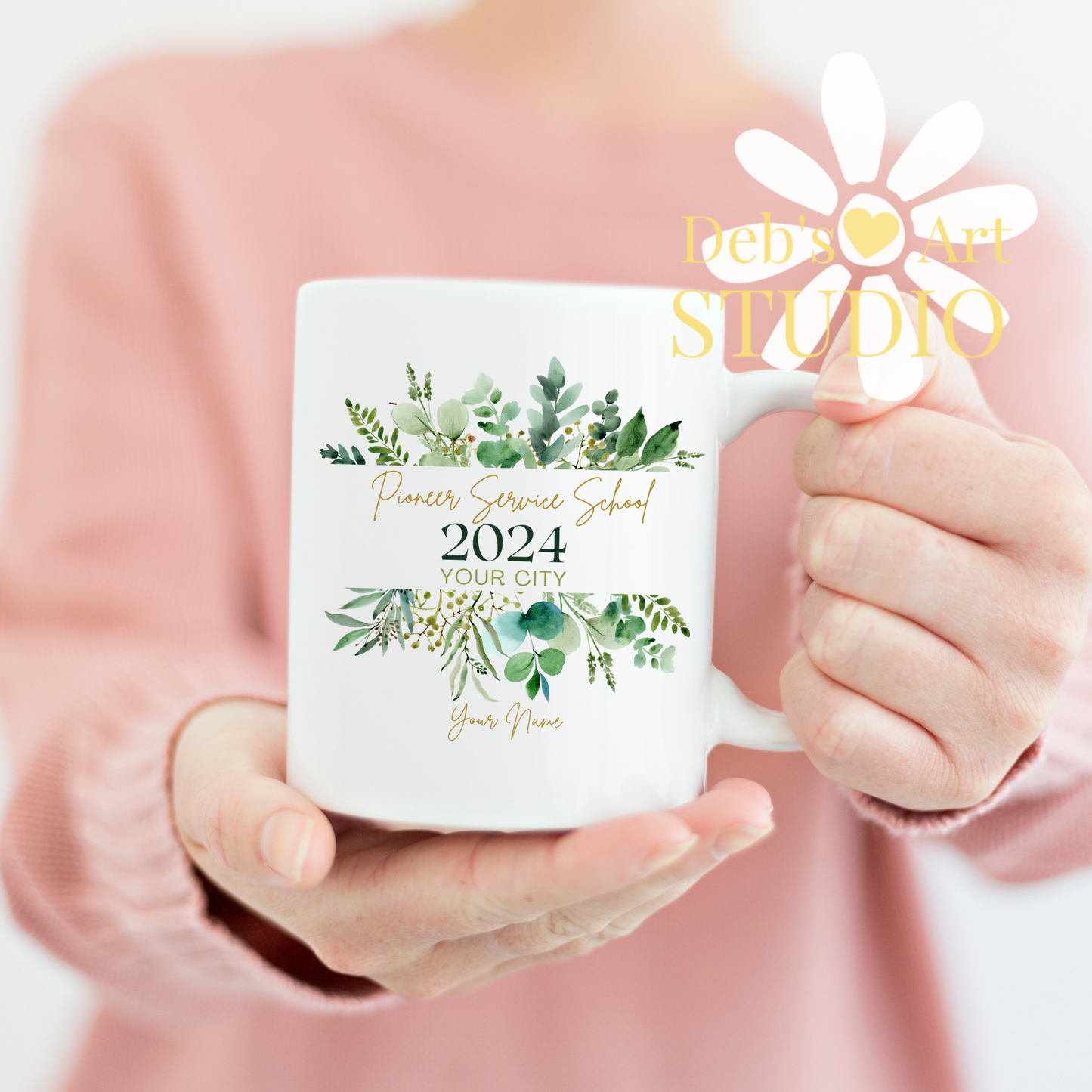 Pioneer School Mug Design - Editable | JW Pioneer Gifts | Green Leaves