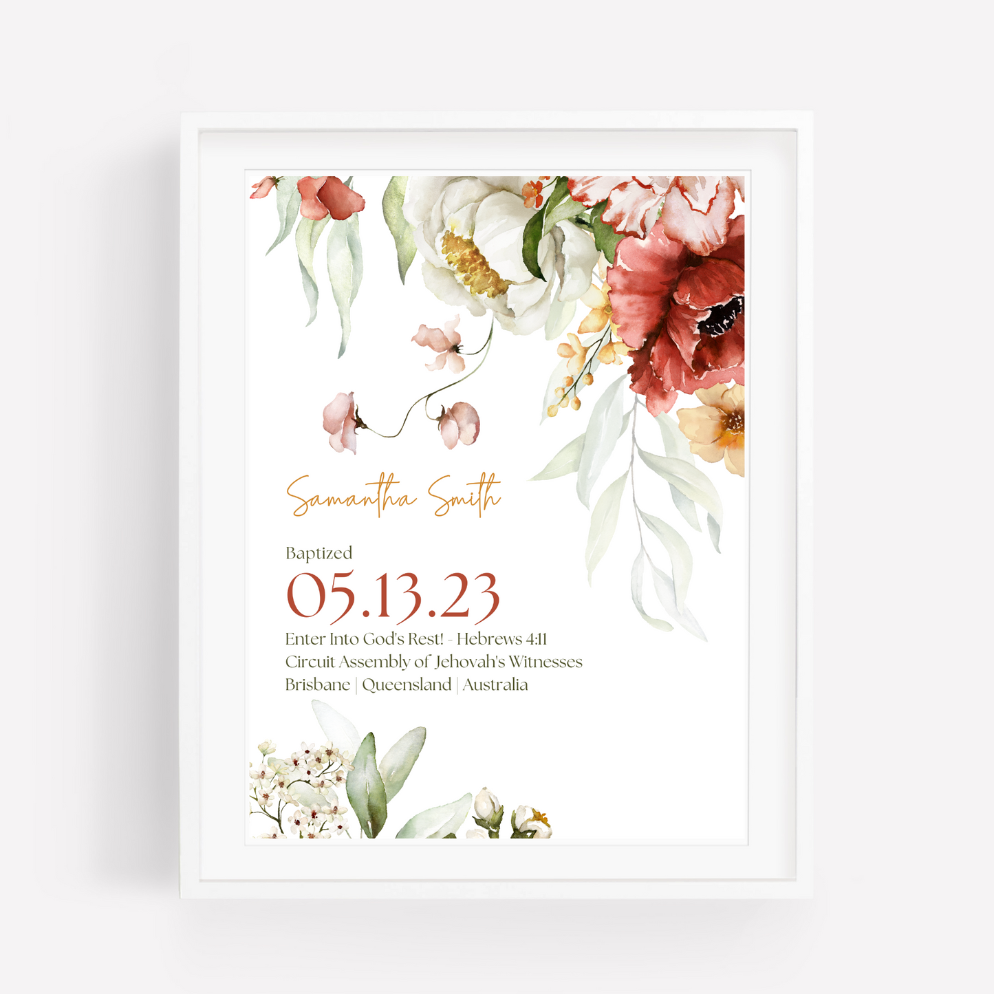 JW Baptism Gift | Baptism Keepsake | Cascading Floral | Customizable Print