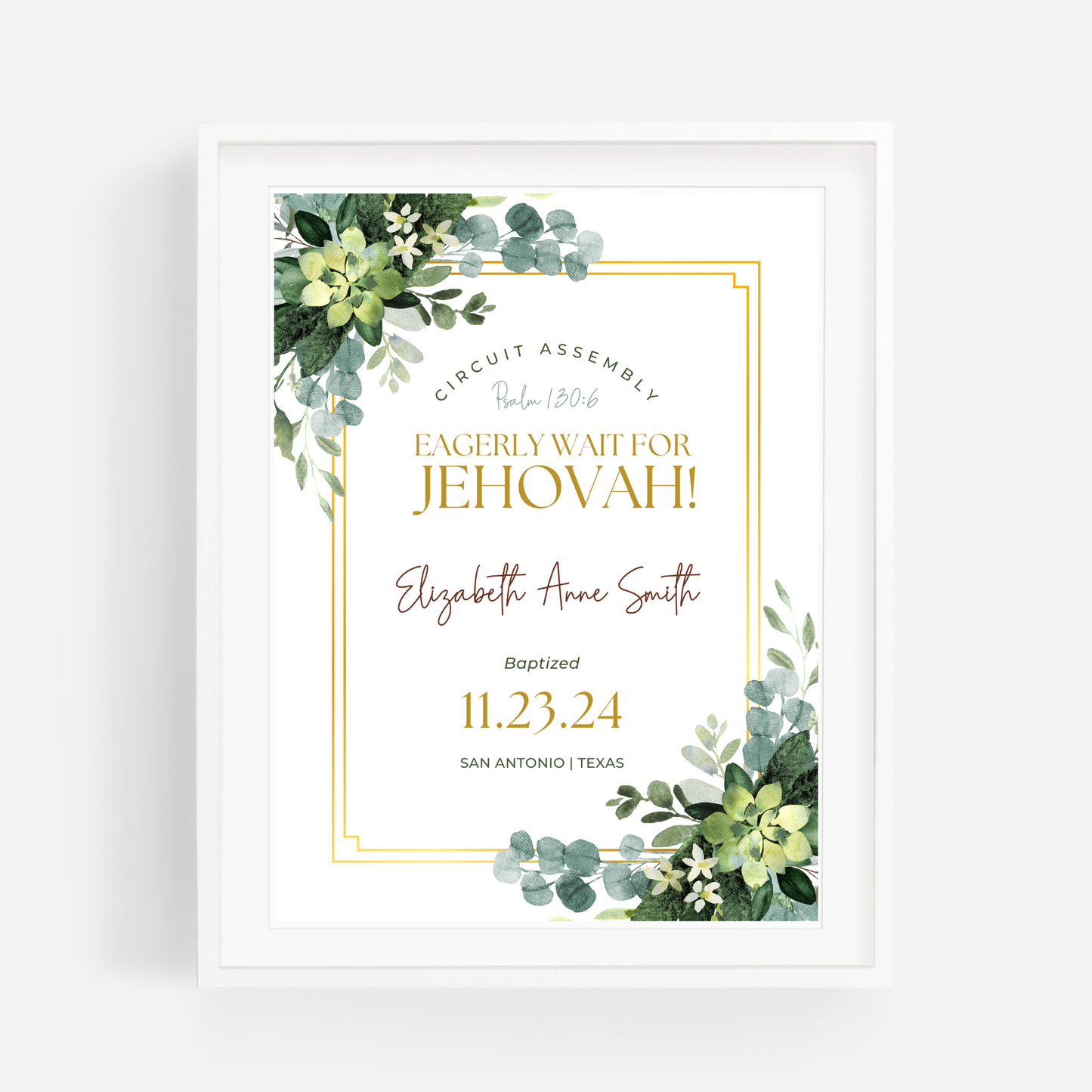 JW Baptism Gift | Baptism Keepsake | Green Leaves | Customizable Print