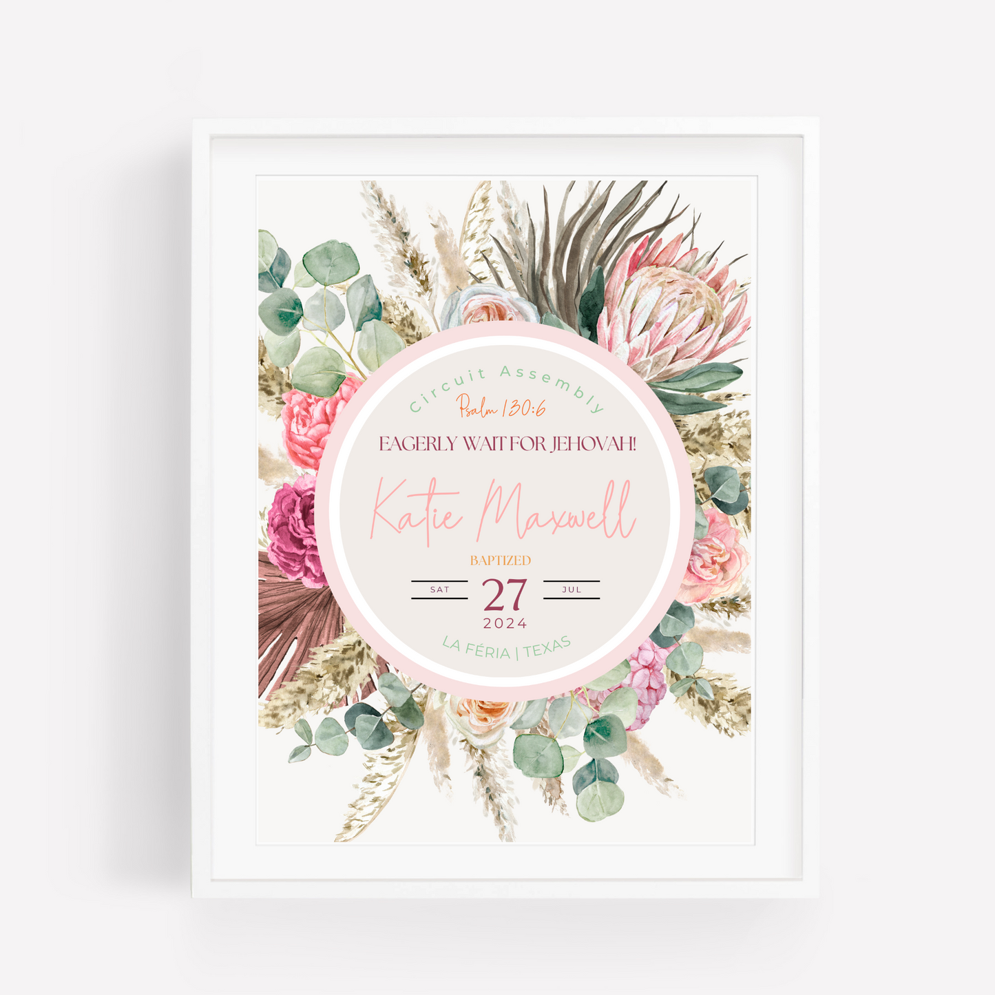 JW Baptism Gift | Baptism Keepsake, Pink Aust Native Flora | Customise