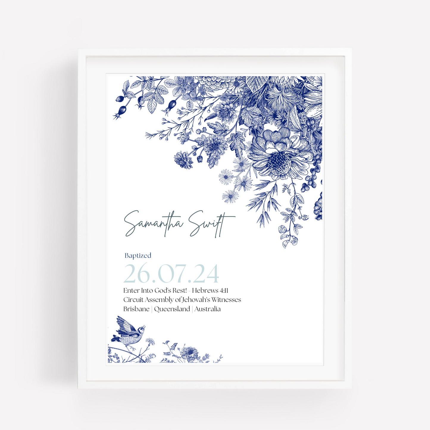 JW Baptism Gift | Baptism Keepsake, Blue & White Floral | Customisable