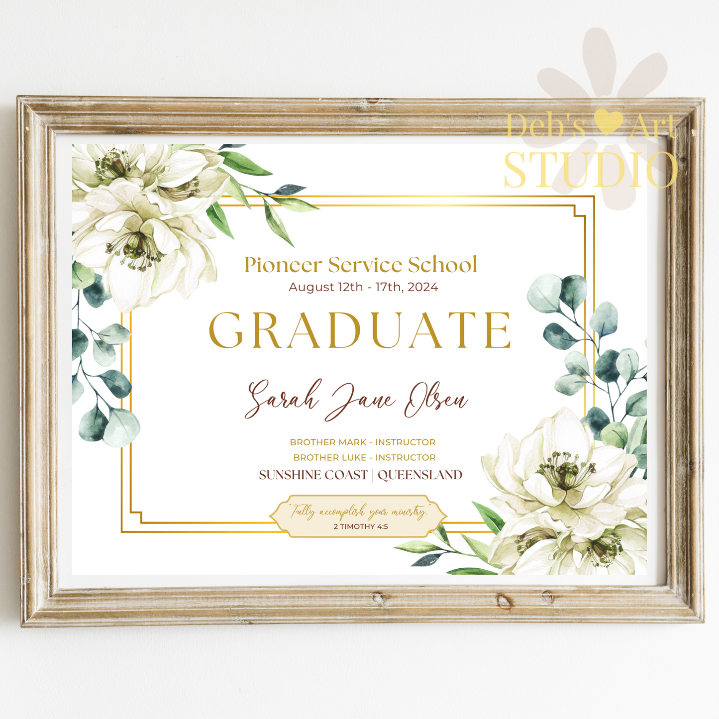 Custom Pioneer School Certificate | White Bouquet | JW Pioneer Gifts