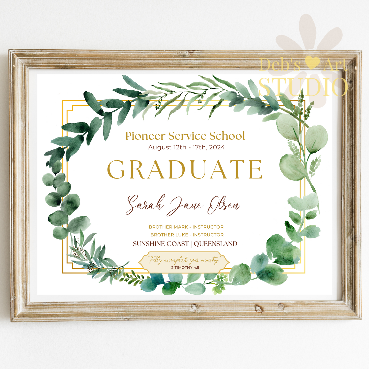 Custom Pioneer School Certificate | Green Leaves | JW Pioneer Gifts