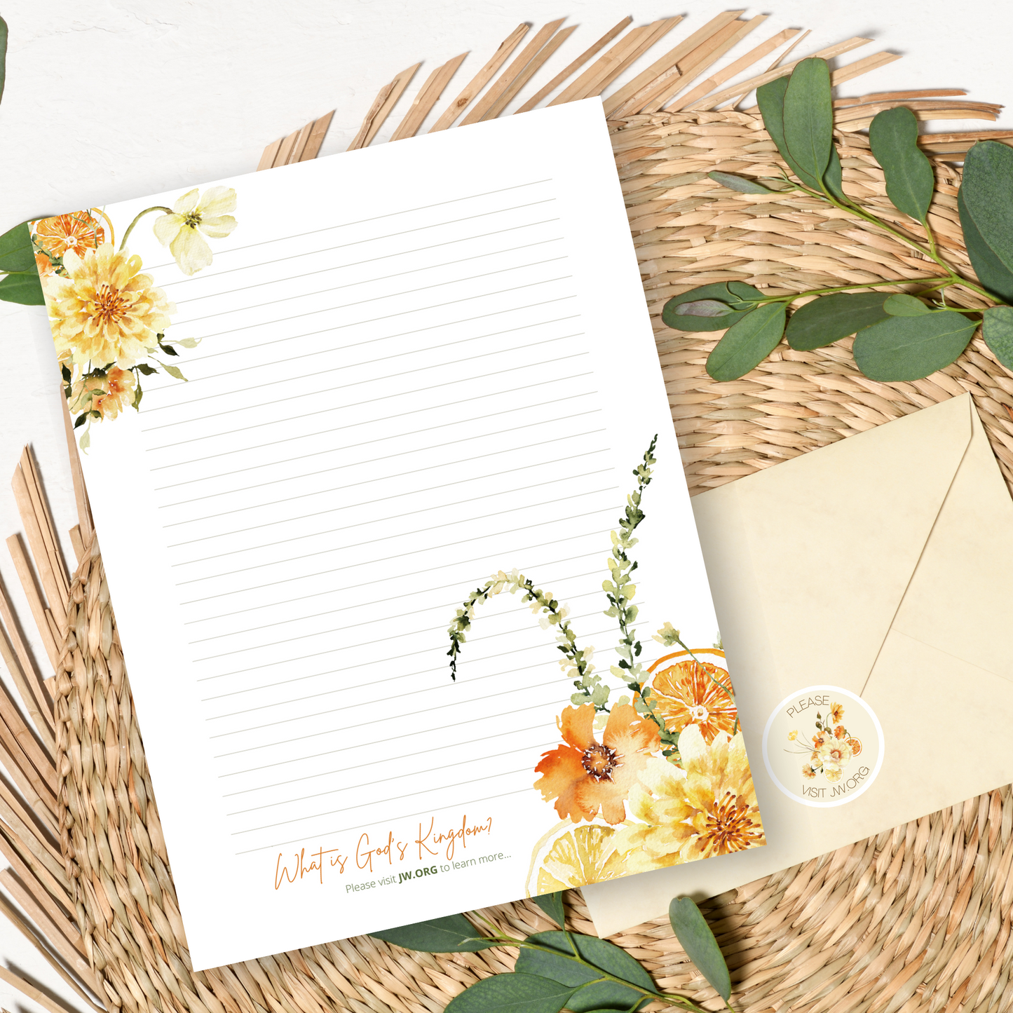 Please Visit jw.org | Envelope Stickers | Orange Boho Flowers