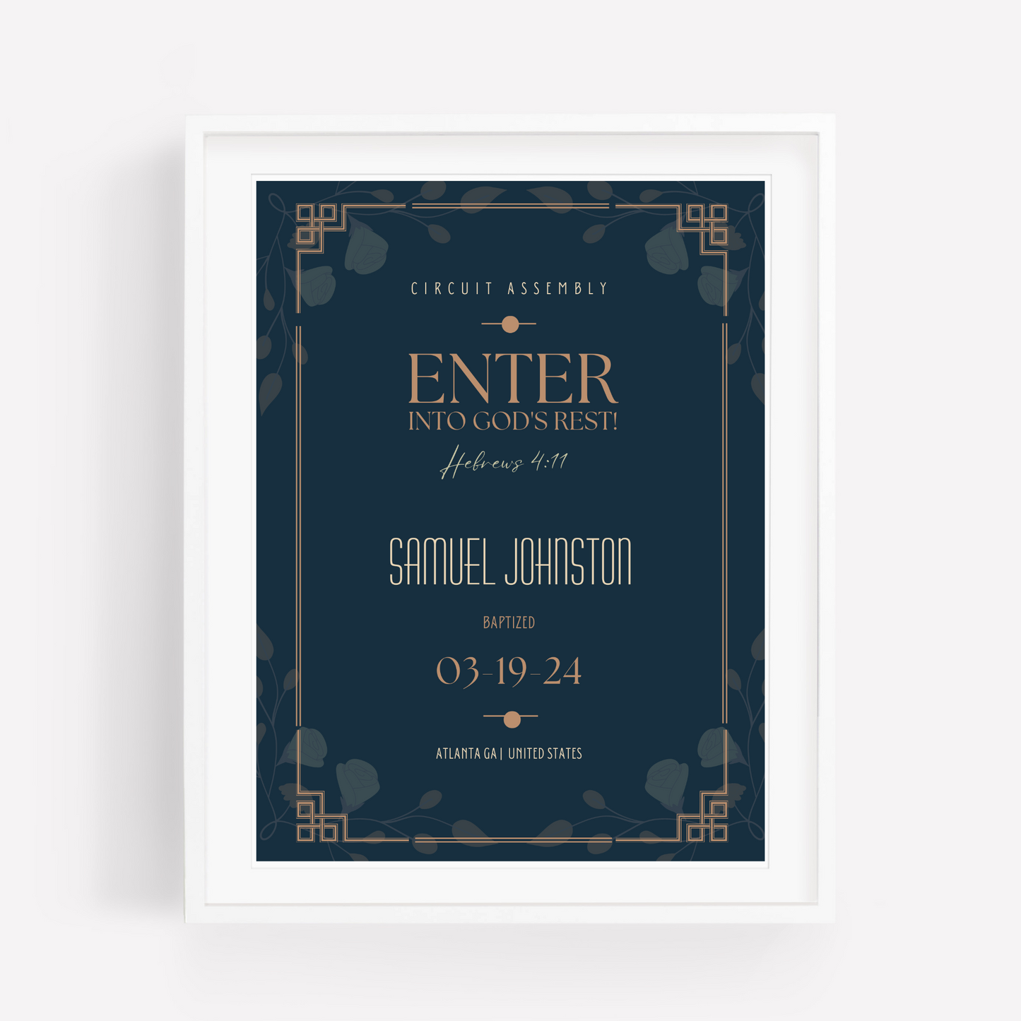 JW Baptism Gift | Baptism Keepsake, Navy - Art Deco Frame | Customised