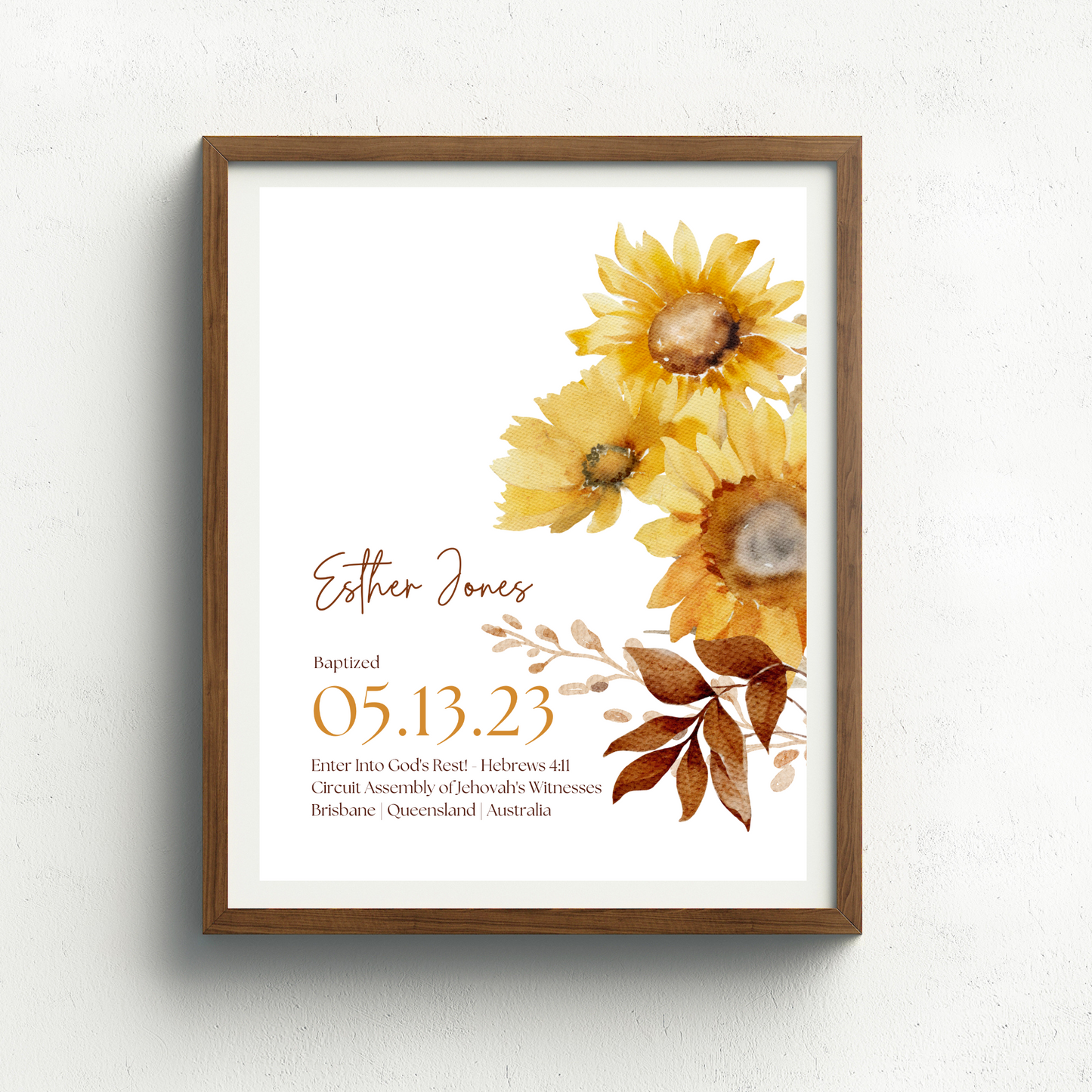 JW Baptism Gift | Baptism Keepsake | Sunflower Print | Customizable