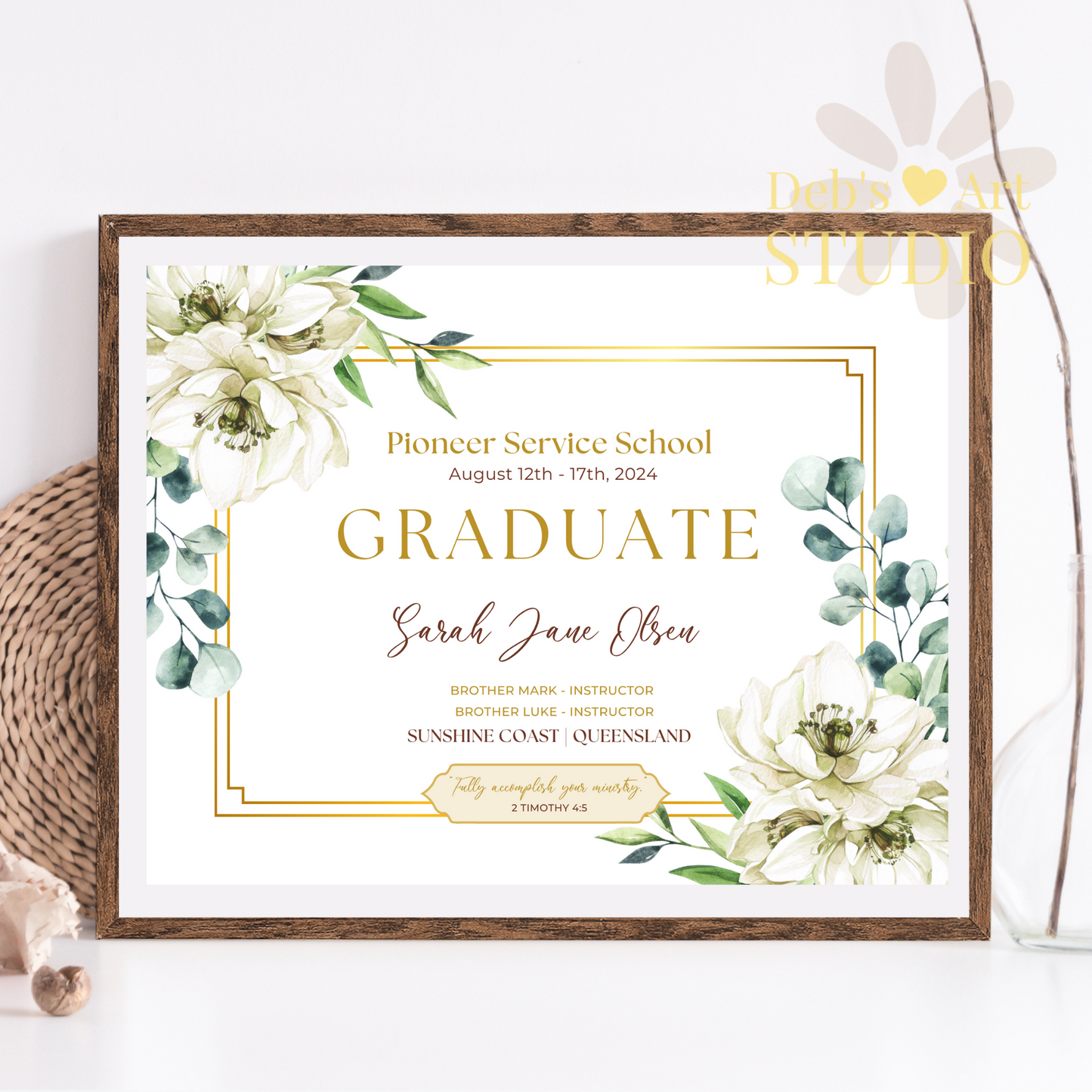 Custom Pioneer School Certificate | White Bouquet | JW Pioneer Gifts