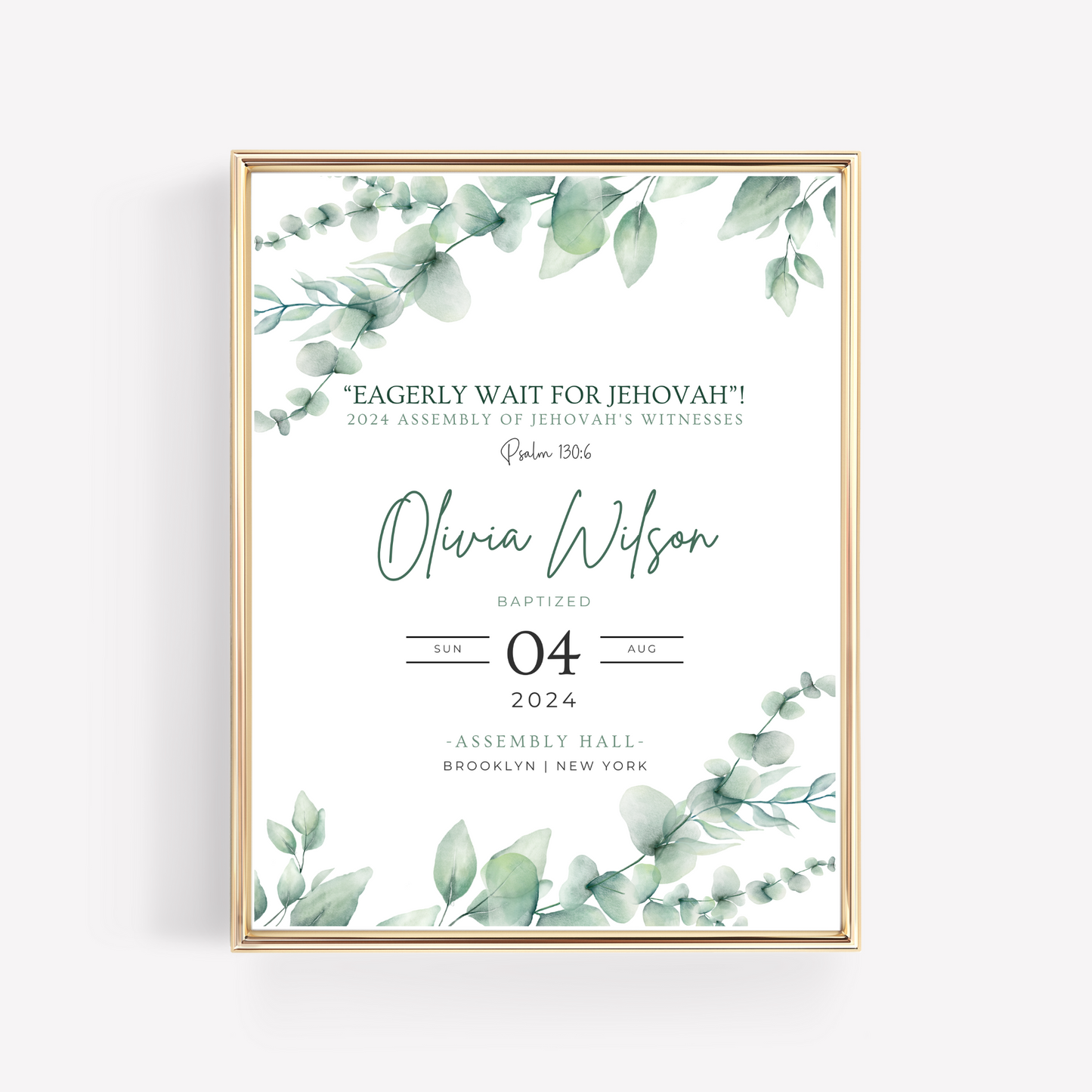 JW Baptism Gift | Baptism Keepsake | Eucalyptus Leaves | Customizable Print