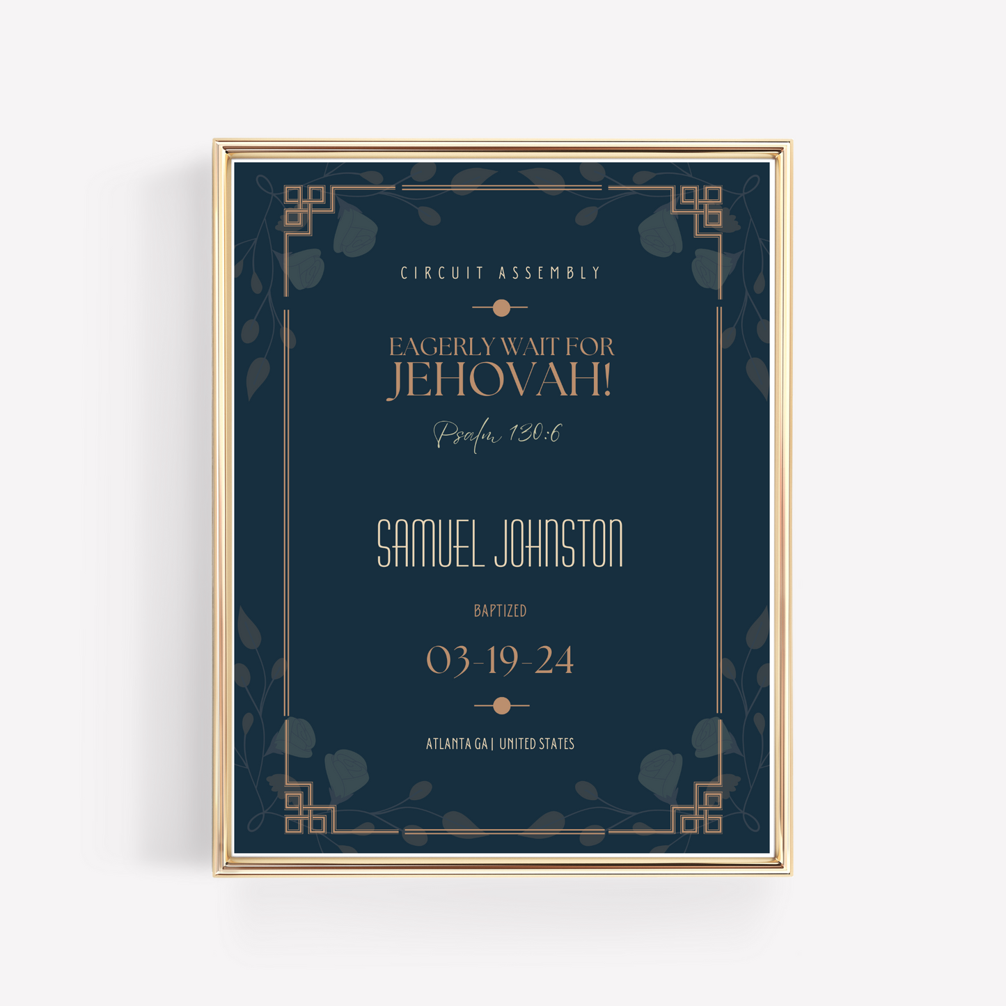 JW Baptism Gift | Baptism Keepsake, Navy - Art Deco Frame | Customised