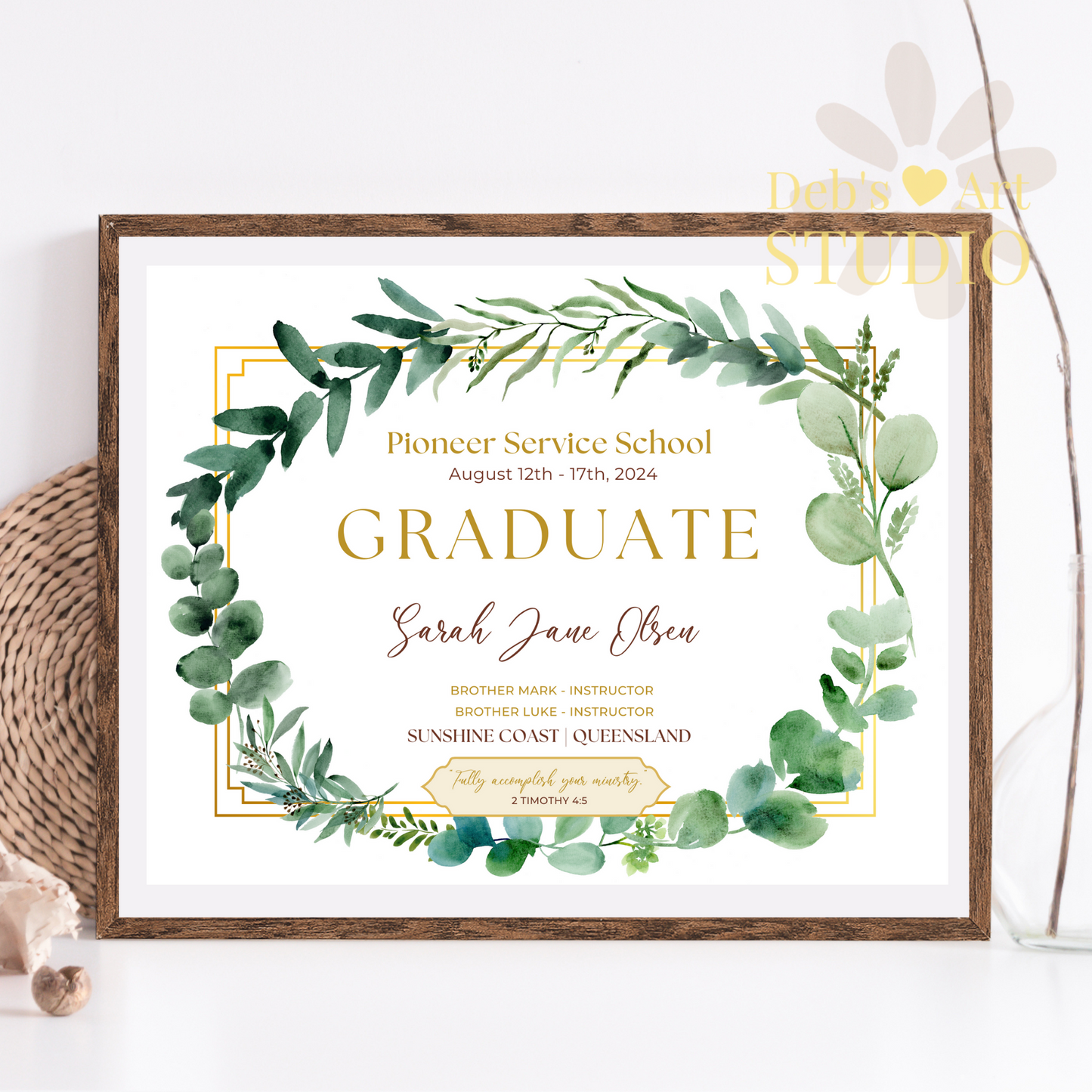 Custom Pioneer School Certificate | Green Leaves | JW Pioneer Gifts