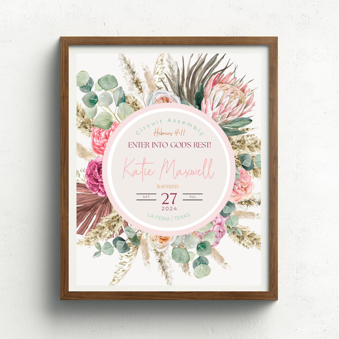 JW Baptism Gift | Baptism Keepsake, Pink Aust Native Flora | Customise