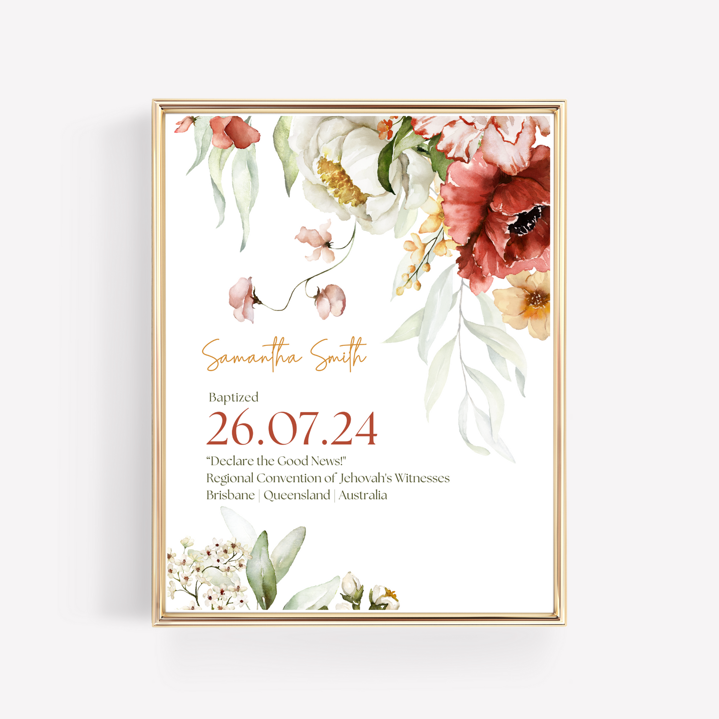 JW Baptism Gift | Baptism Keepsake | Cascading Floral | Customizable Print