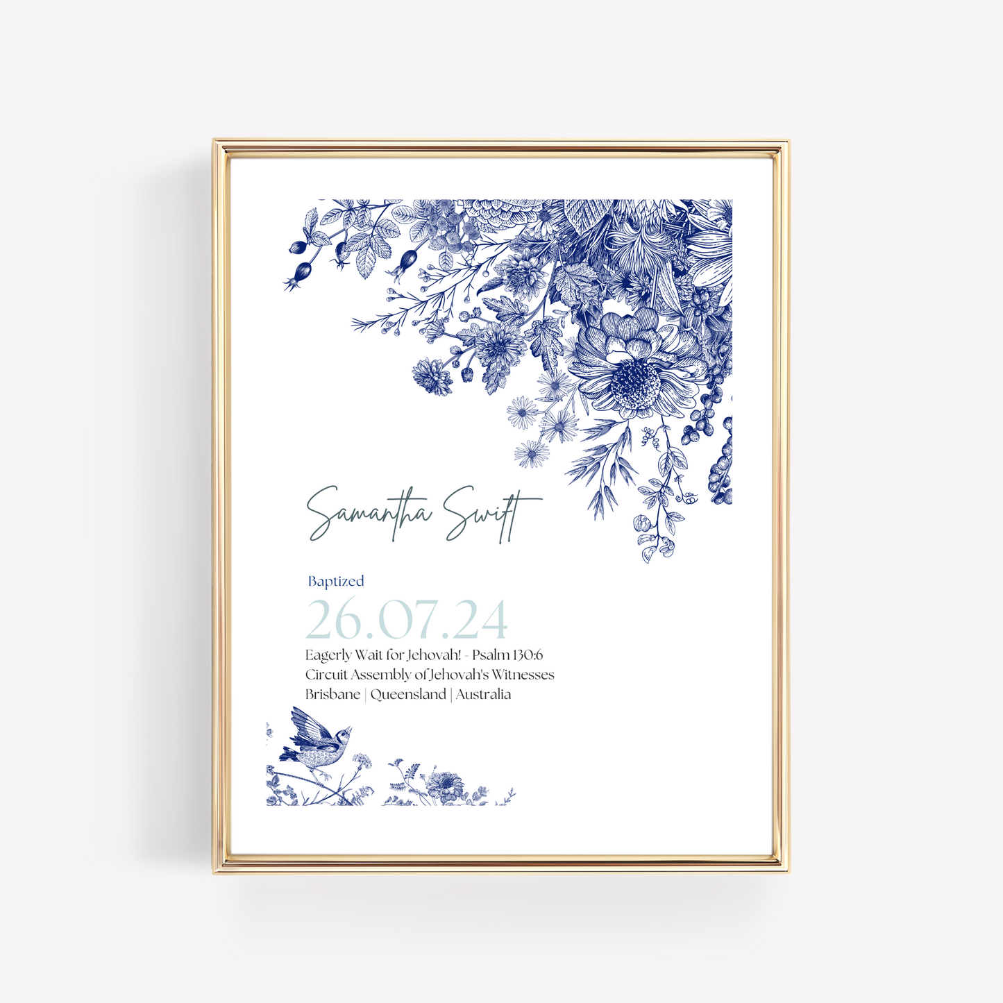 JW Baptism Gift | Baptism Keepsake, Blue & White Floral | Customisable