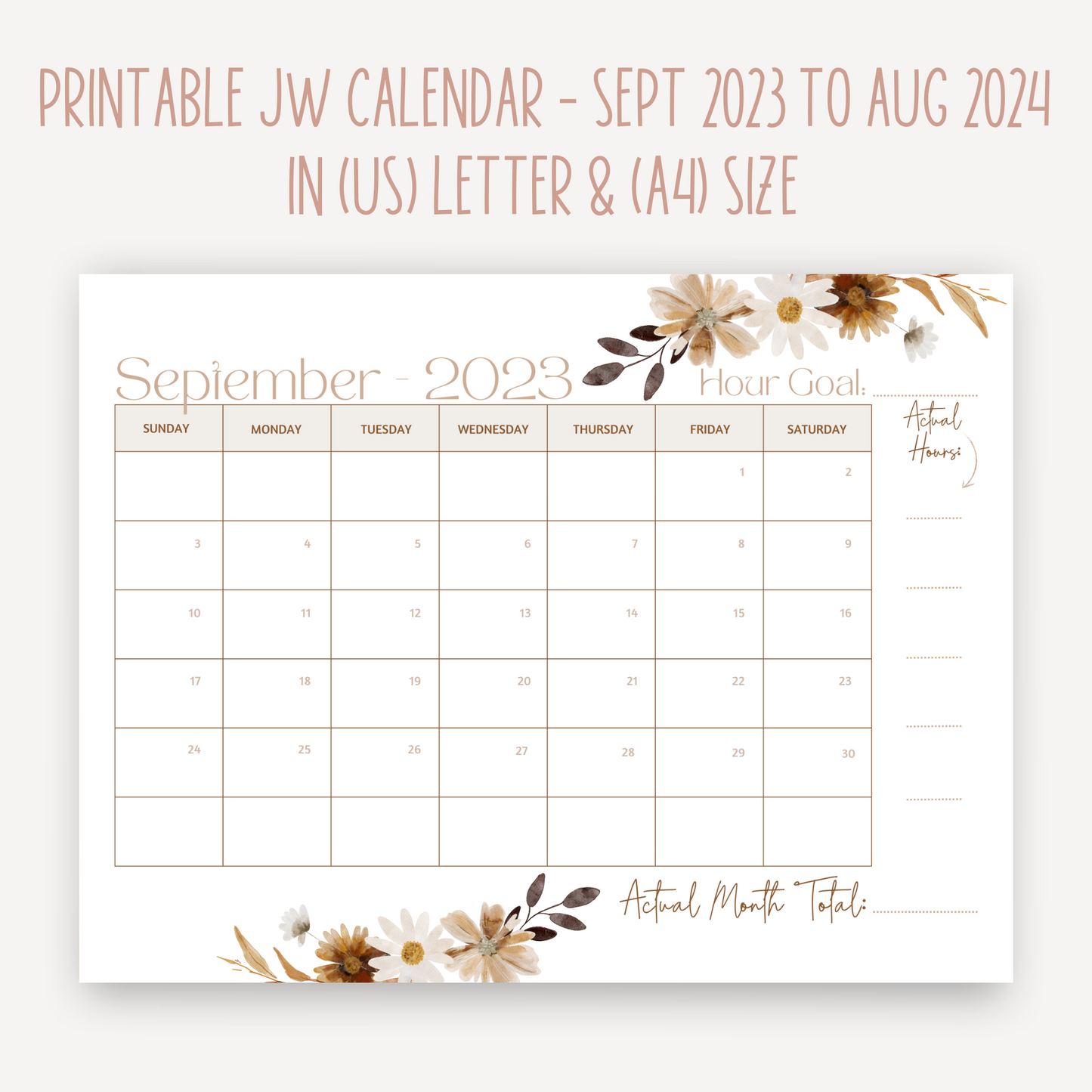 JW Calendar 2024 Service Year  | Printable Planner | JW Printable | Fall Flowers