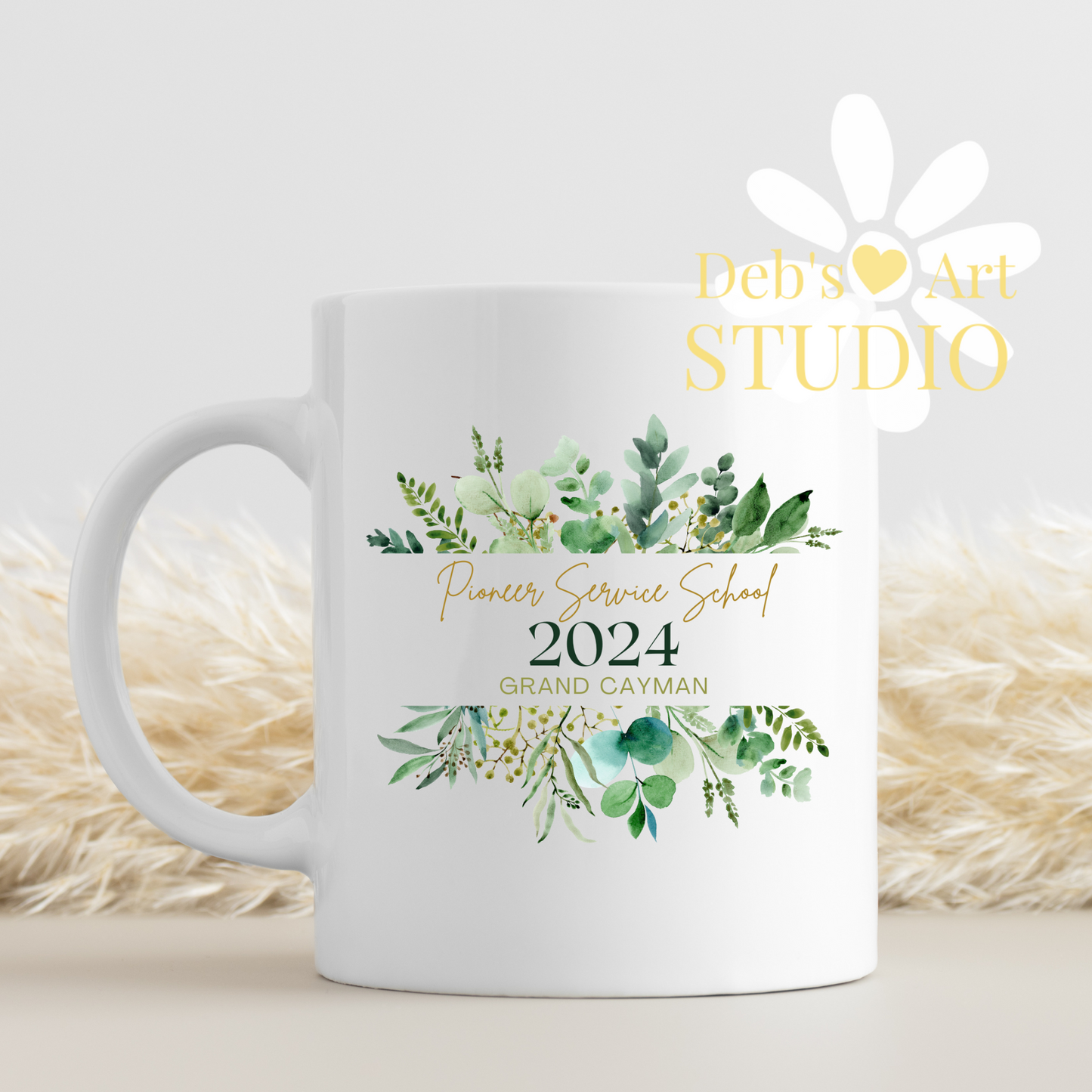 Pioneer School Mug Design - Editable | JW Pioneer Gifts | Green Leaves