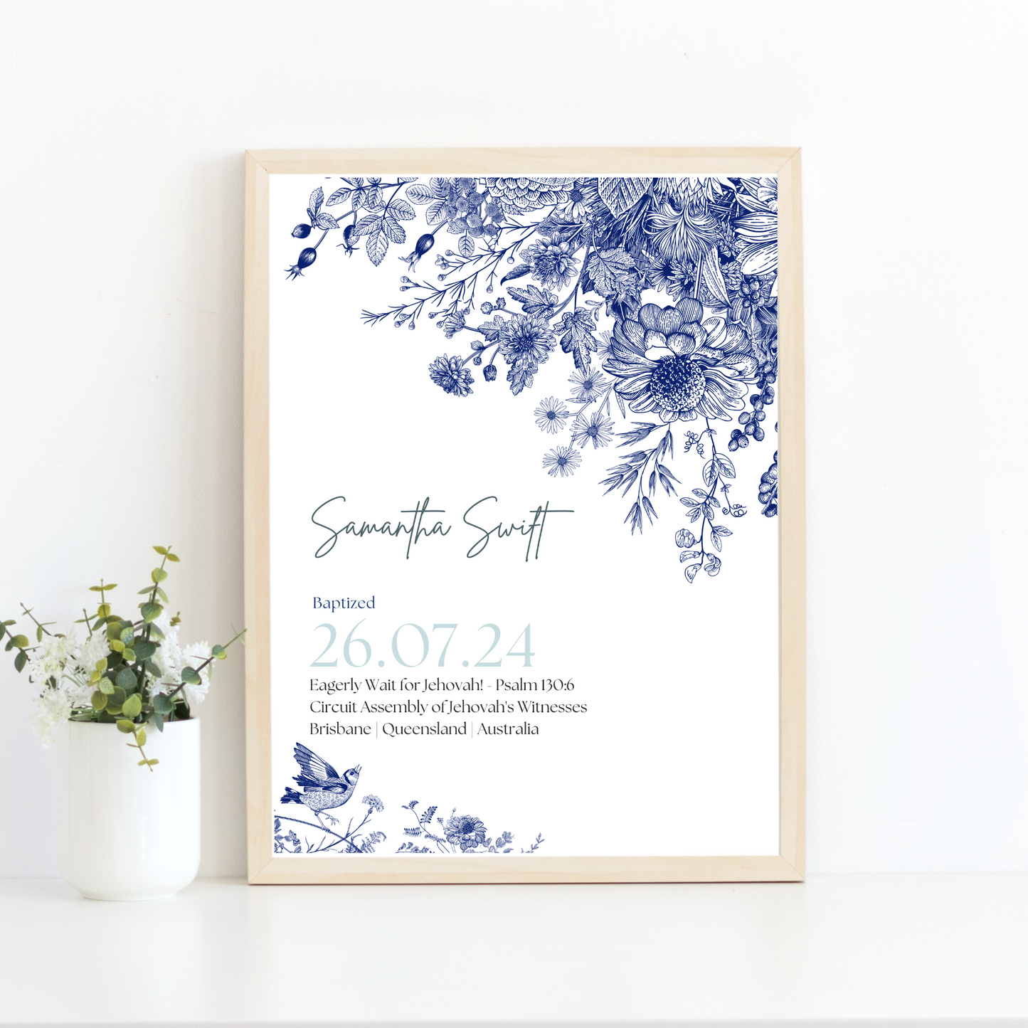 JW Baptism Gift | Baptism Keepsake, Blue & White Floral | Customisable