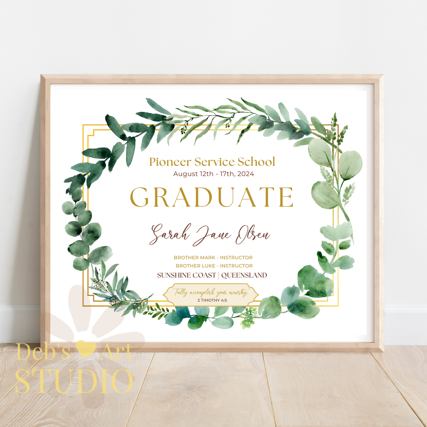 Custom Pioneer School Certificate | Green Leaves | JW Pioneer Gifts